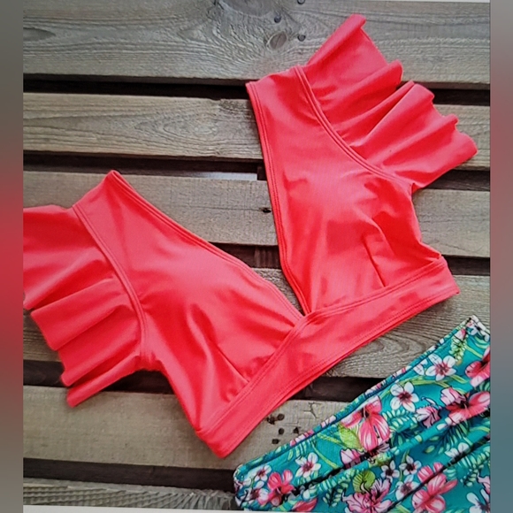 NWT WOMENS RUFFLE HIGH WAIST Swimsuit Two Piece Push Up Tropical Print Bikini - Picture 4 of 10